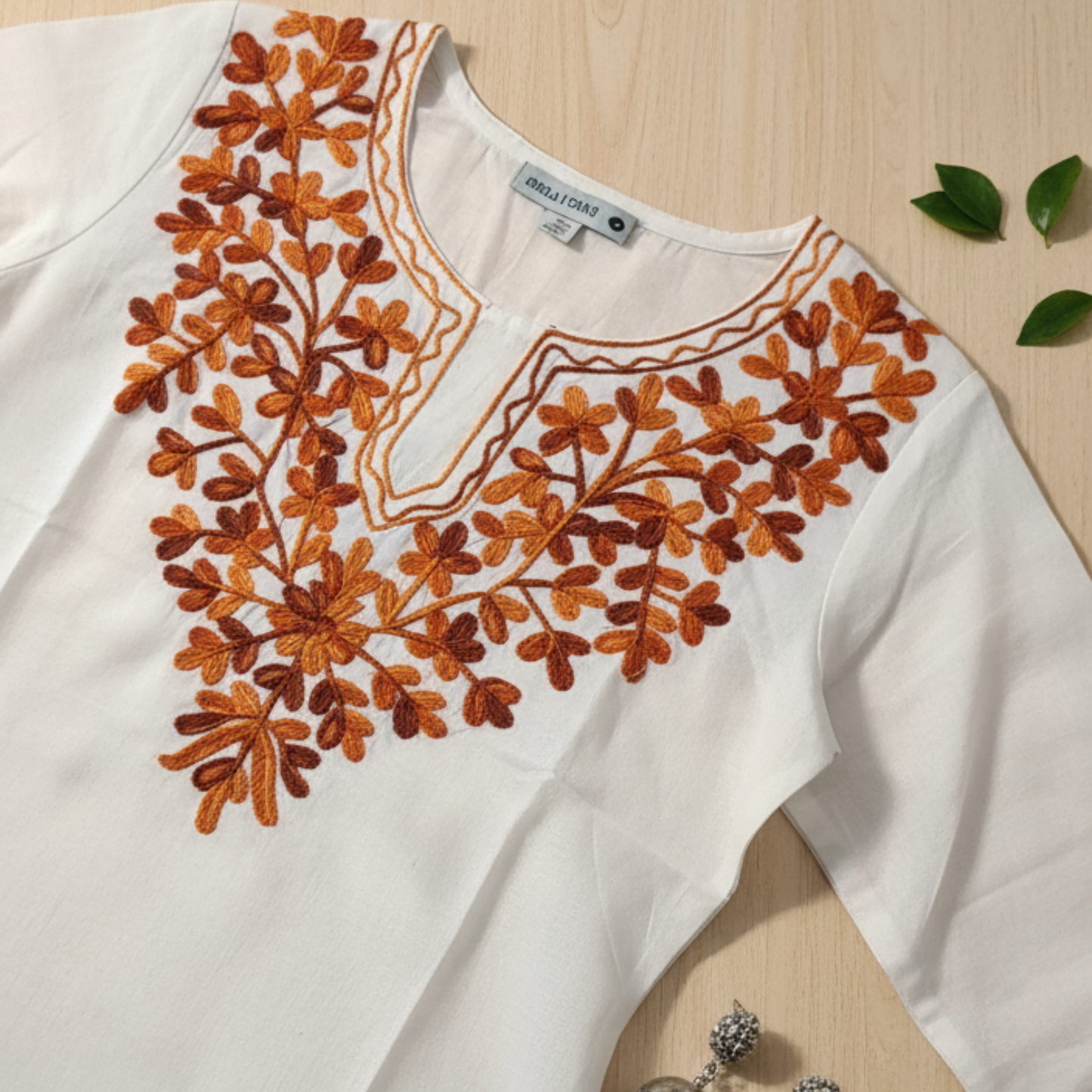White & Brown Floral Chikankari Kurti - Pure Cotton