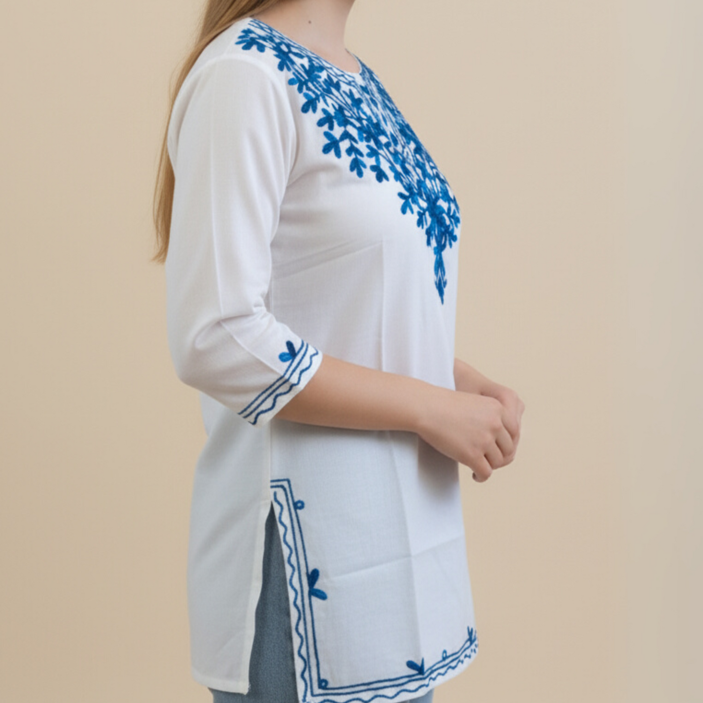 White & Blue Floral Chikankari Kurti - Pure Cotton
