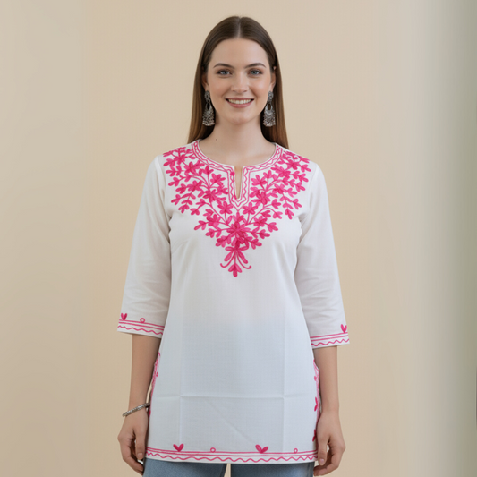 White & Pink Floral Chikankari Kurti - Pure Cotton