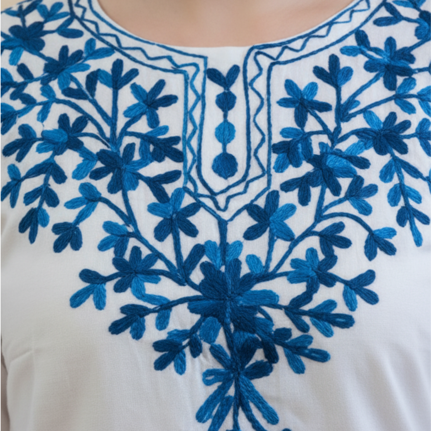 White & Blue Floral Chikankari Kurti - Pure Cotton