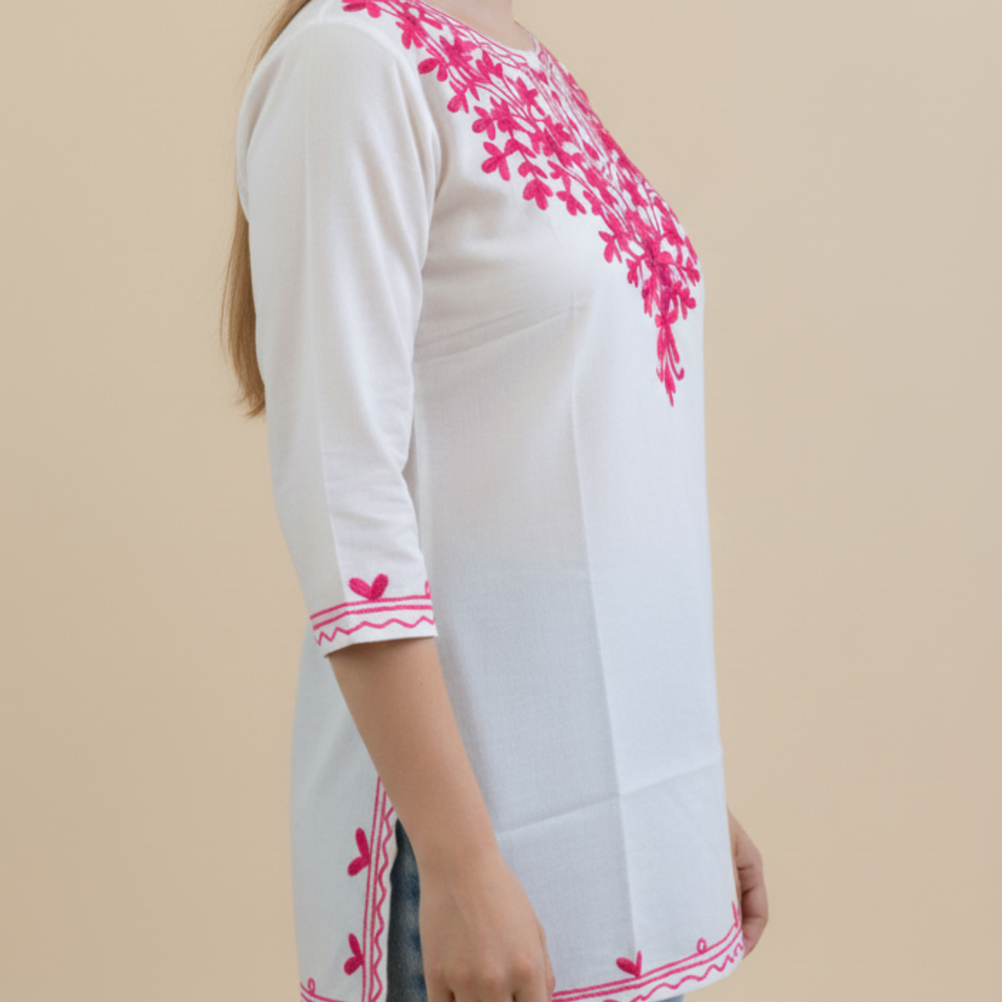 White & Pink Floral Chikankari Kurti - Pure Cotton