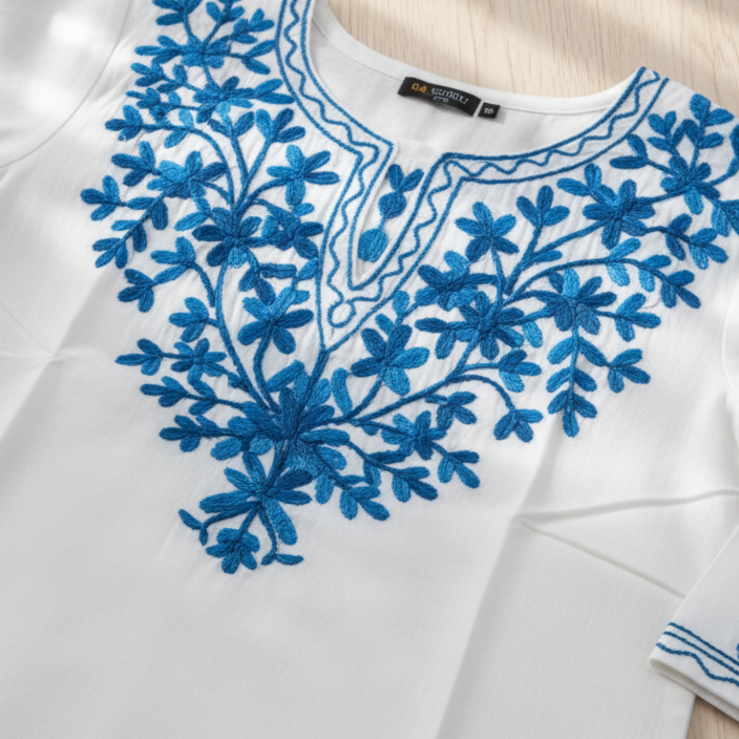 White & Blue Floral Chikankari Kurti - Pure Cotton