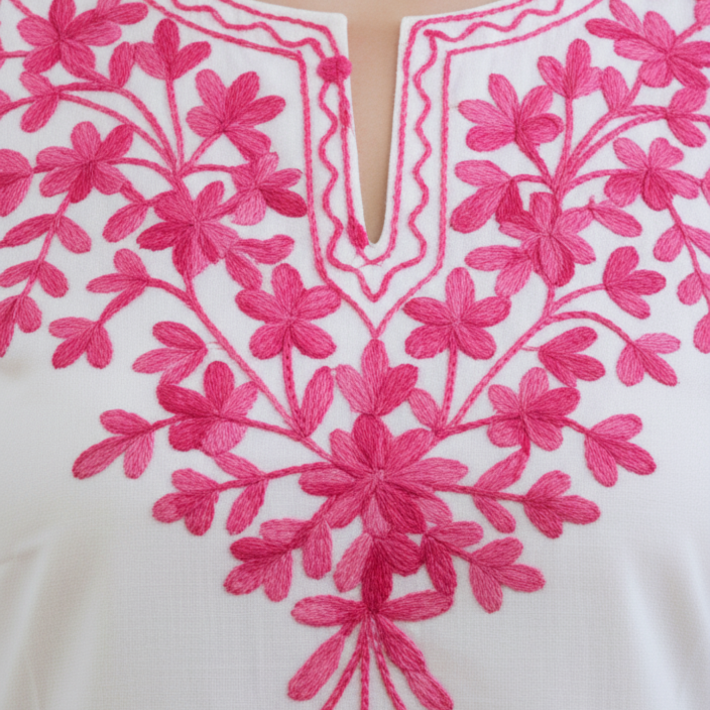 White & Pink Floral Chikankari Kurti - Pure Cotton