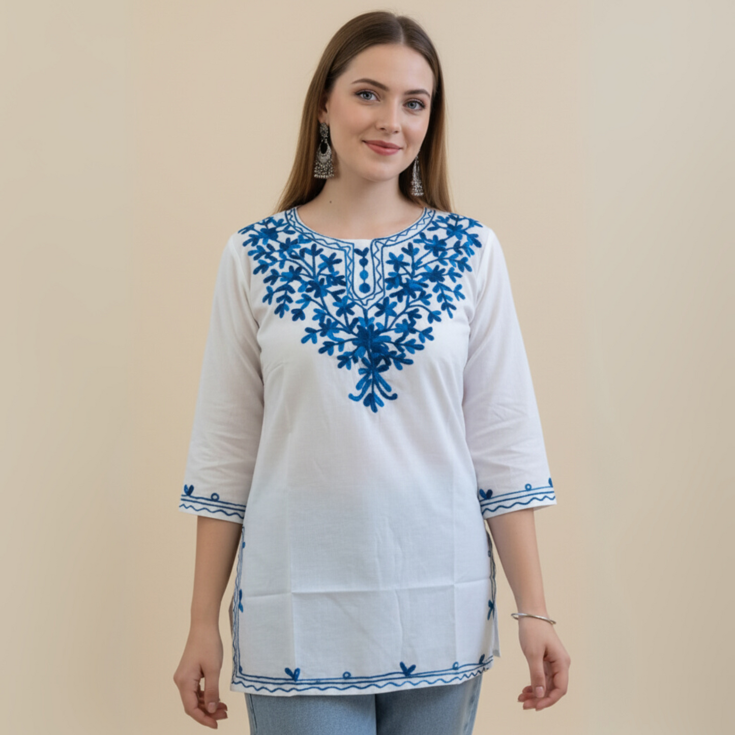 White & Blue Floral Chikankari Kurti - Pure Cotton