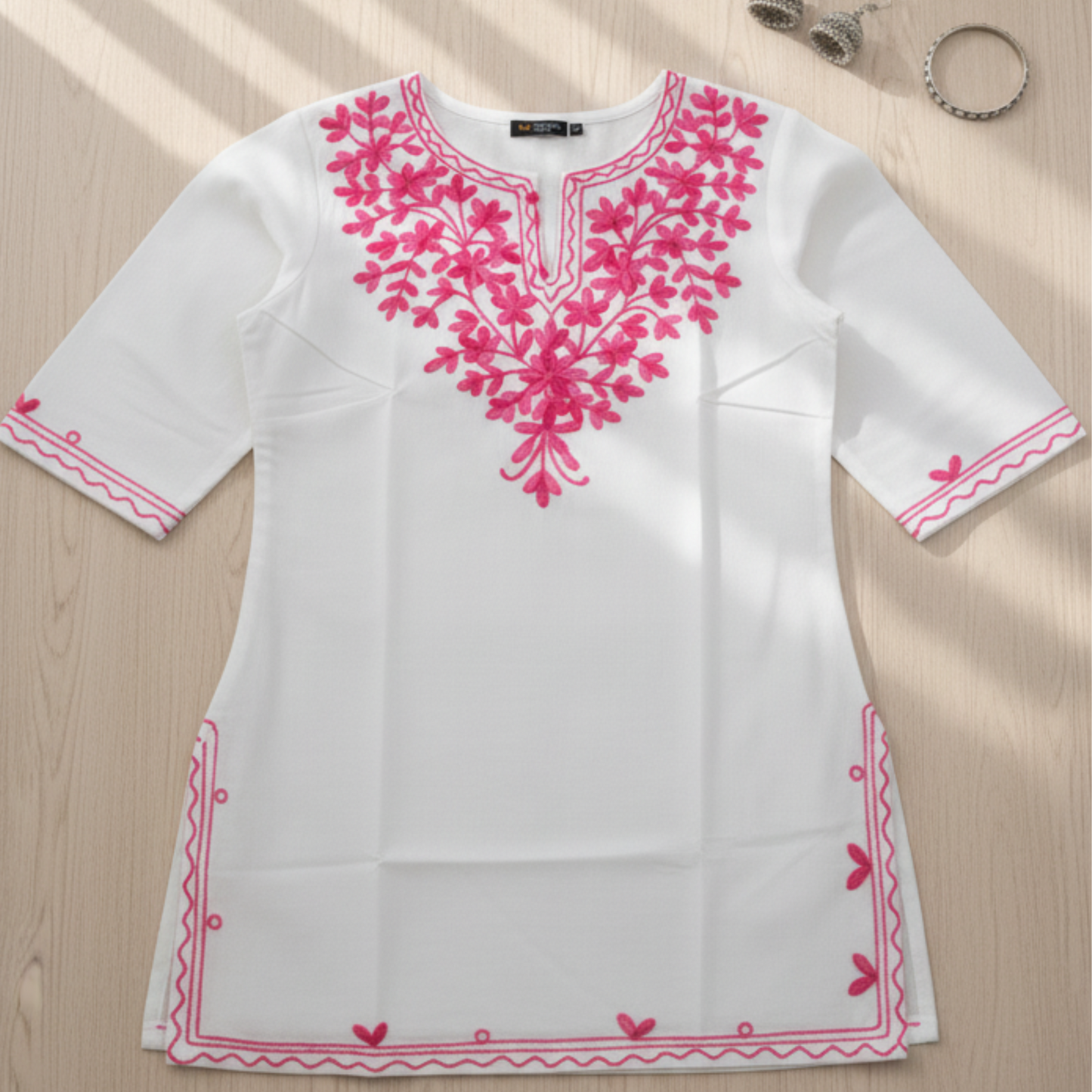 White & Pink Floral Chikankari Kurti - Pure Cotton