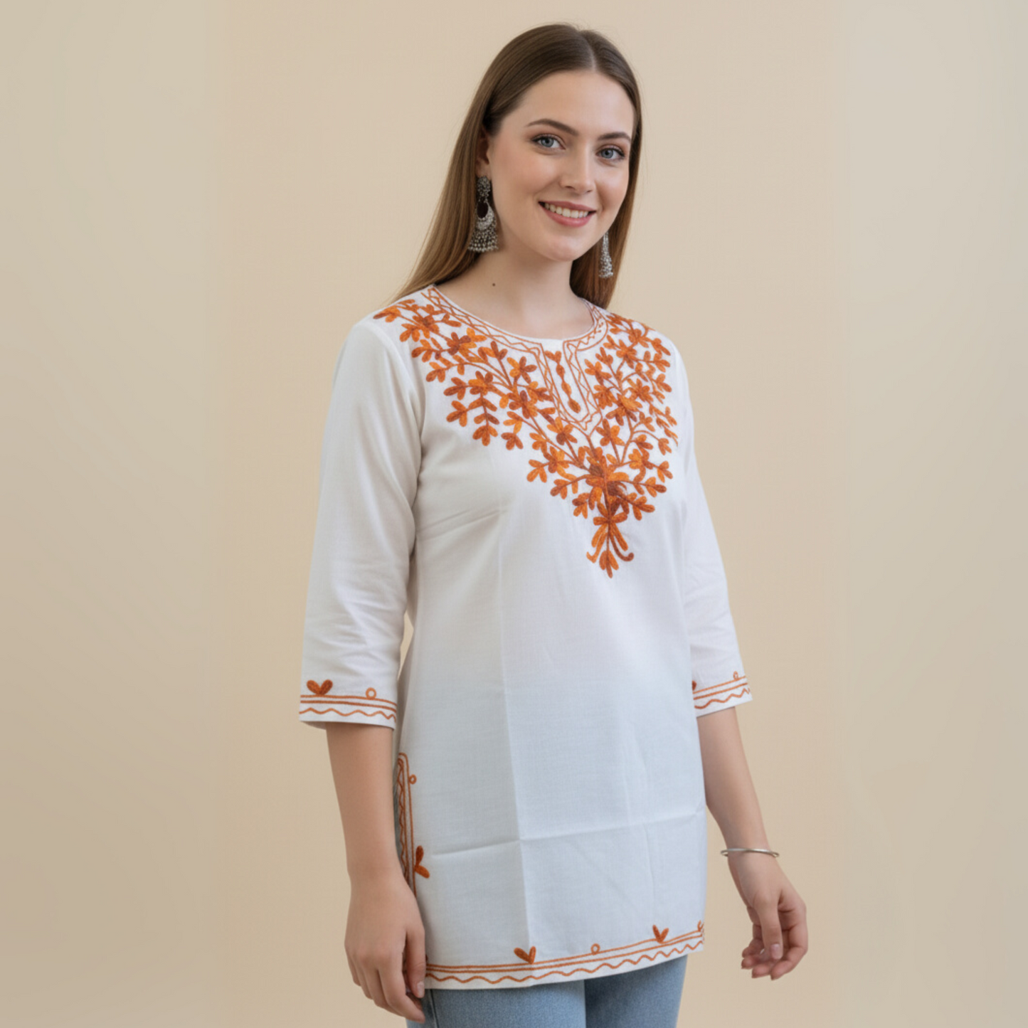 White & Brown Floral Chikankari Kurti - Pure Cotton