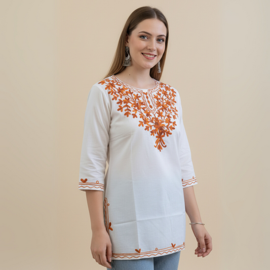White & Brown Floral Chikankari Kurti - Pure Cotton