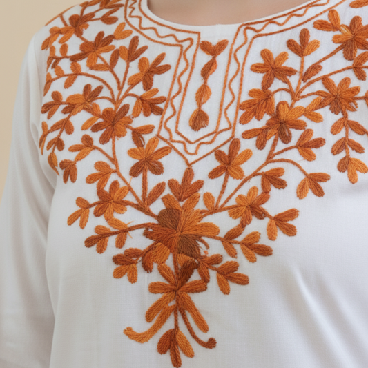 White & Brown Floral Chikankari Kurti - Pure Cotton