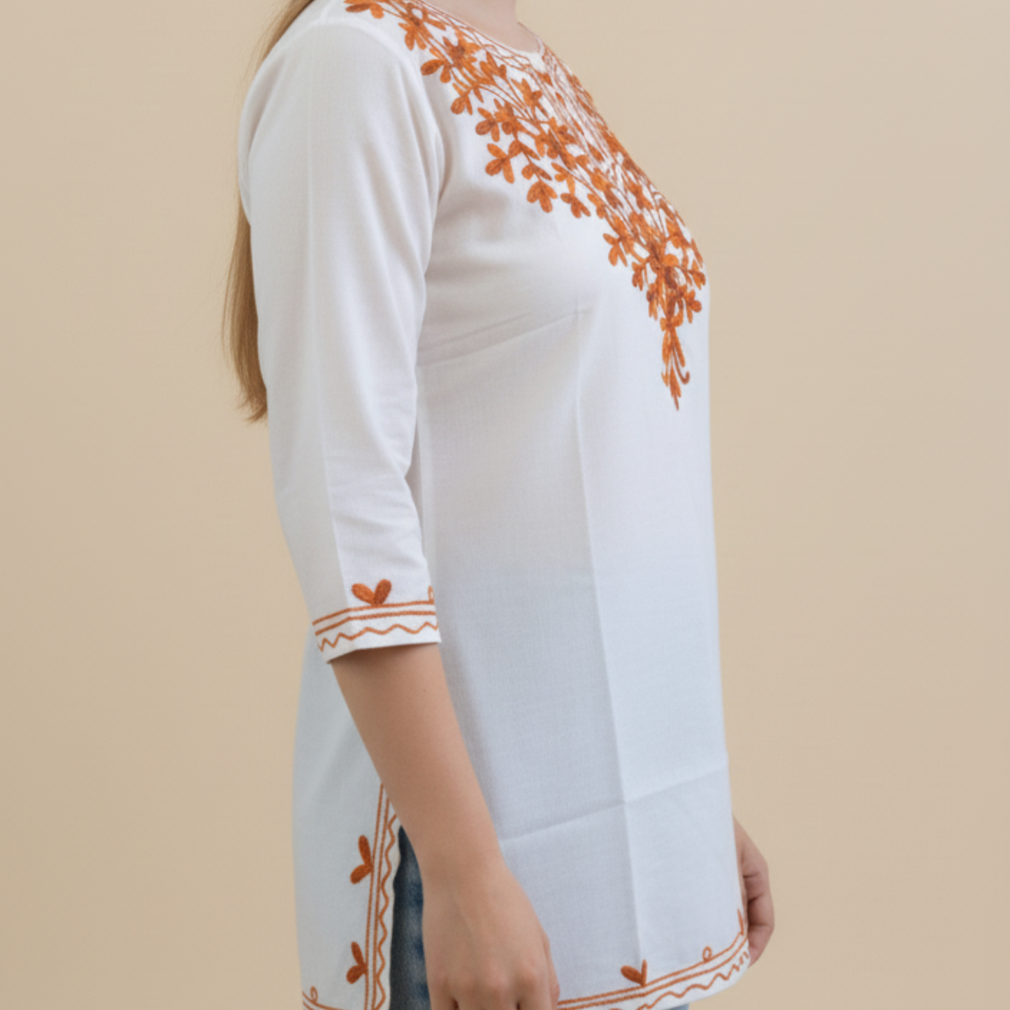 White & Brown Floral Chikankari Kurti - Pure Cotton